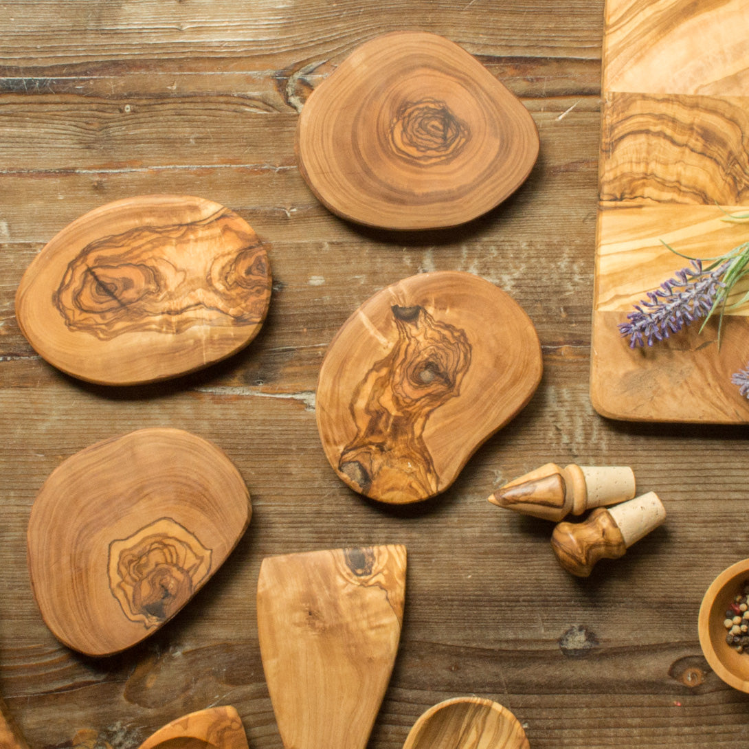 OLIVE Wood RUSTIC COASTERS Set of 6 Hand Carved by Artisans Tableware  Coasters Kitchen Table Housewarming Gift Appleyard & Crowe 